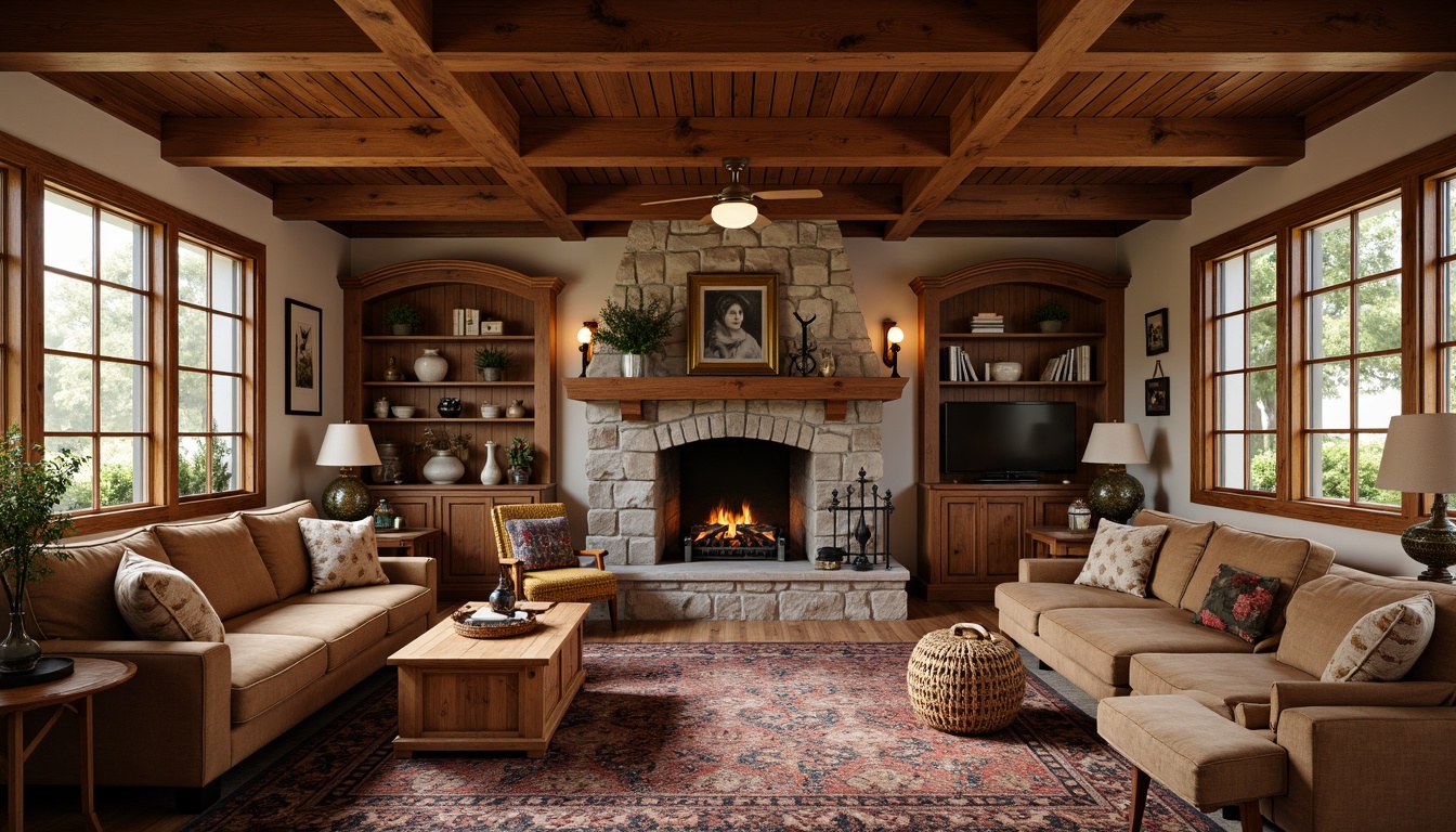 Prompt: Cozy living room, rich wood tones, crown molding details, craftsman style furniture, plush area rugs, warm earthy colors, natural stone fireplace, comfortable seating arrangements, vintage decorative accents, soft warm lighting, shallow depth of field, 1/1 composition, realistic textures, ambient occlusion.