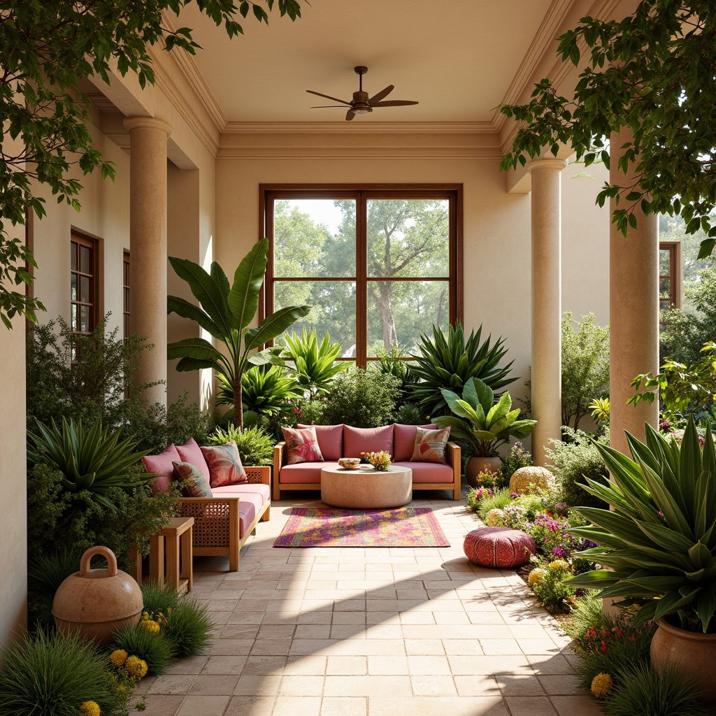 Prompt: Vibrant tropical interior, lush greenery, exotic flowers, natural wood accents, woven rattan furniture, colorful textiles, Moroccan-inspired tiles, warm beige walls, soft creamy ceilings, sunny day, gentle warm lighting, shallow depth of field, 3/4 composition, panoramic view, realistic textures, ambient occlusion, calming atmosphere, soothing color palette, pastel hues, coral pink, turquoise blue, lime green, sandy beige, rich wood tones, natural stone floors.