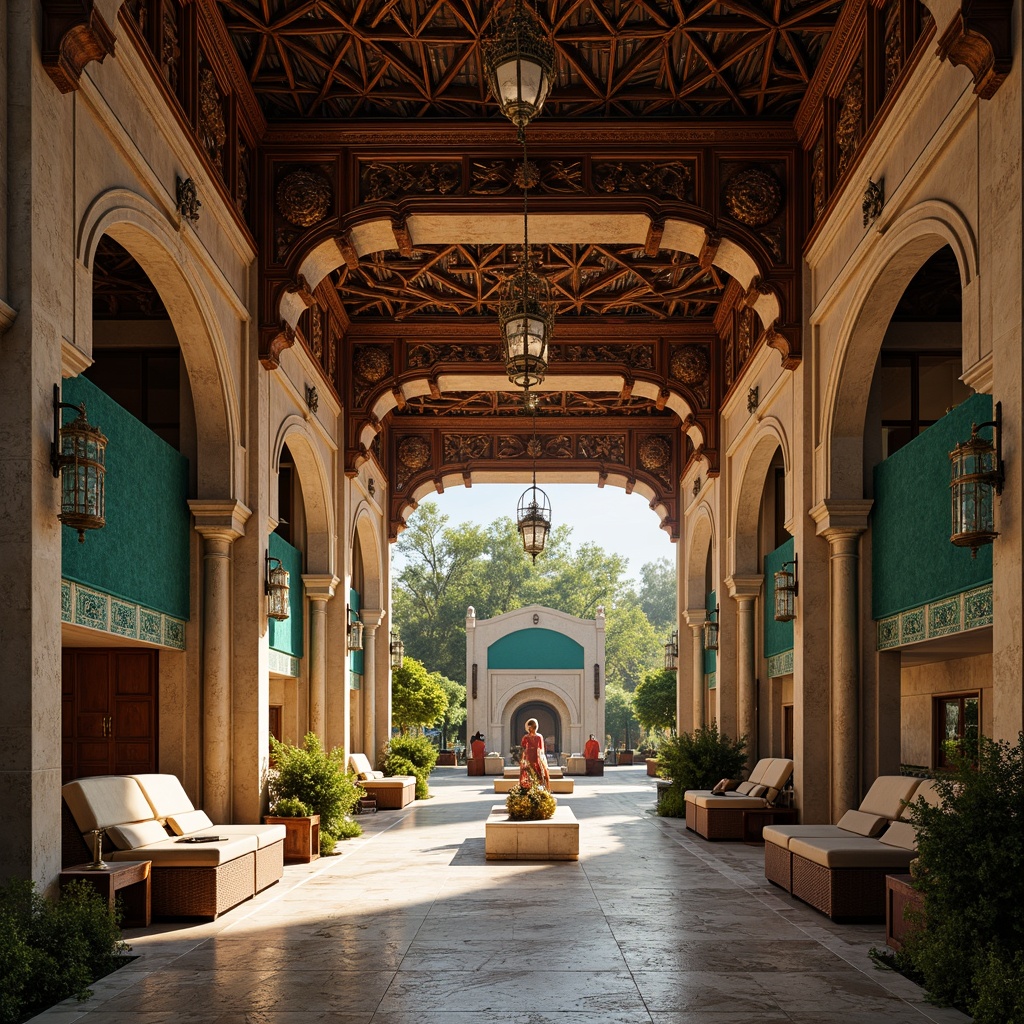 Prompt: Traditional cultural center, ornate wooden carvings, intricately patterned tiles, vibrant turquoise accents, richly textured fabrics, majestic stone columns, grand archways, ornamental lanterns, warm golden lighting, soft diffused shadows, shallow depth of field, 1/2 composition, atmospheric perspective, realistic textures, ambient occlusion.