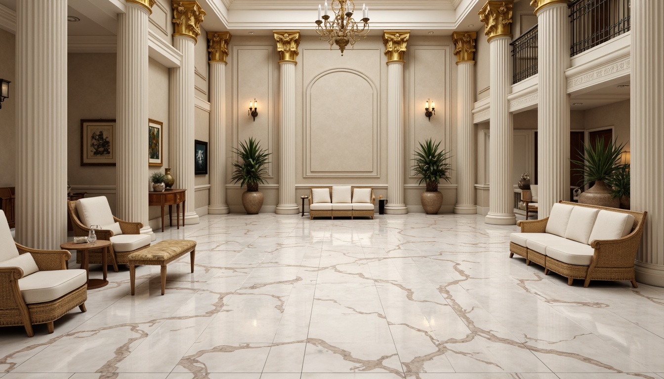 Prompt: Elegant neoclassical interior, richly veined marble flooring, creamy white hues, subtle grey undertones, intricate inlays, ornate patterns, polished finish, grandiose columns, ornamental moldings, gilded accents, lavish furnishings, soft warm lighting, shallow depth of field, 1/1 composition, realistic textures, ambient occlusion.