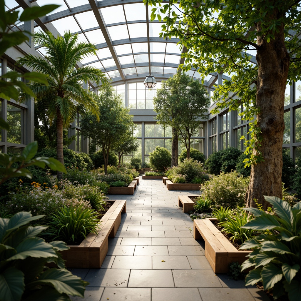 Prompt: Lush greenhouse interior, thriving indoor plants, tropical foliage, exotic flowers, natural stone flooring, wooden planters, modern minimalist benches, sleek metal trellises, warm soft lighting, misting systems, humidity control, air purification, natural ventilation, sliding glass doors, panoramic views, 3/4 composition, shallow depth of field, realistic textures, ambient occlusion.