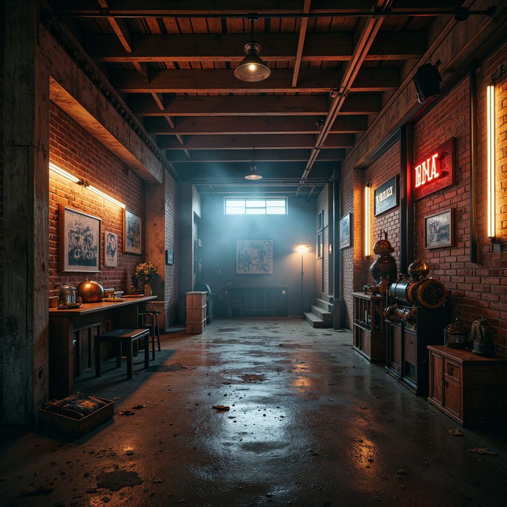 Prompt: Rustic industrial setting, reclaimed wood accents, metal beam structures, exposed brick walls, distressed concrete floors, vintage machinery parts, urban graffiti, edgy neon lighting, moody atmospheric fog, shallow depth of field, 2/3 composition, cinematic colors, gritty textures, ambient occlusion.