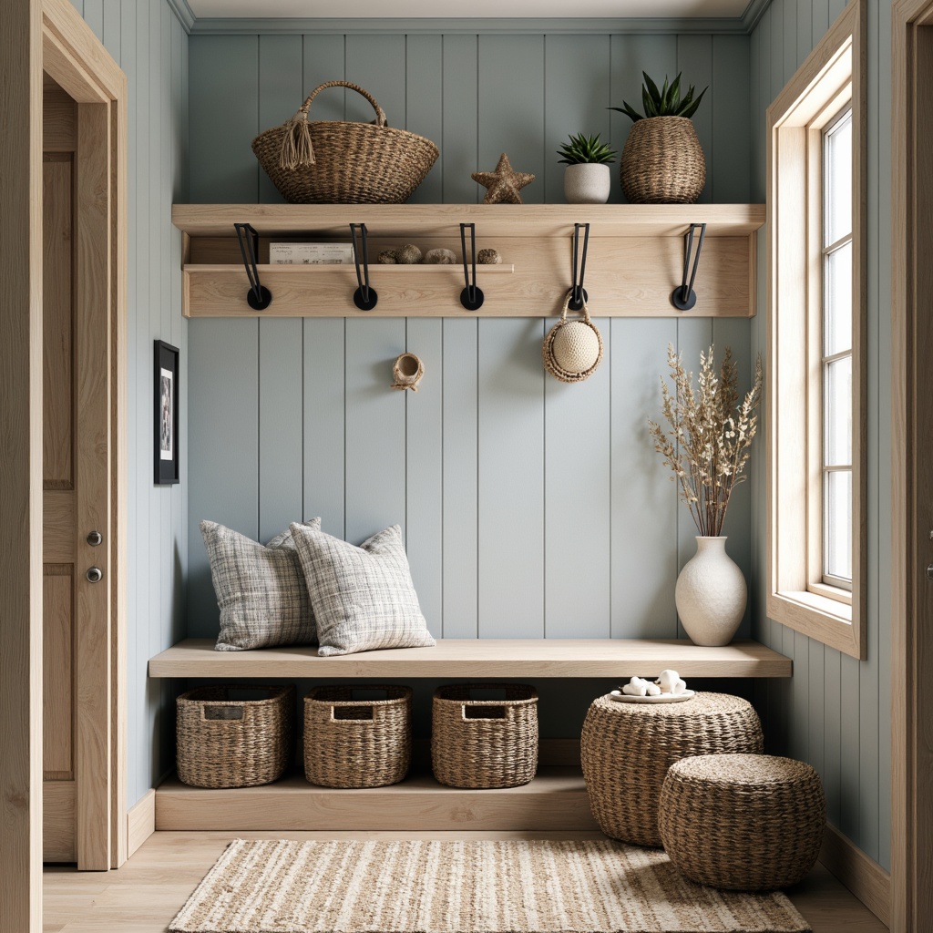 Prompt: Coastal style mudroom, weathered wood accents, natural textures, woven sea grass baskets, driftwood decorative shelves, nautical rope details, ocean-inspired color palette, calming blue hues, sandy neutrals, rustic metal hooks, reclaimed wood benches, wicker storage ottomans, shell-shaped decor, soft warm lighting, 1/1 composition, realistic wood grain textures, subtle depth of field.