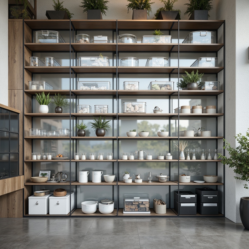 Prompt: Translucent glass storage containers, sleek metal shelving units, polished concrete flooring, industrial chic decor, modern minimalist aesthetic, soft diffused lighting, subtle color palette, textured glass accents, geometric patterns, angular lines, functional simplicity, ample natural light, 3/4 composition, shallow depth of field, realistic reflections.Please let me know if this meets your requirements!