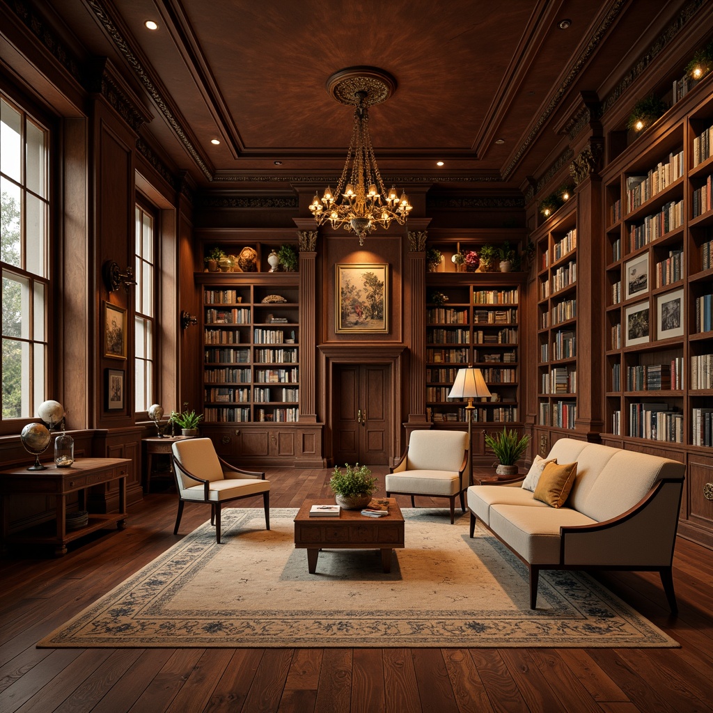 Prompt: Rich wooden flooring, dark brown oak planks, herringbone pattern, warm beige carpeting, comfortable seating areas, traditional library atmosphere, classic bookshelves, ornate wooden paneling, soft warm lighting, cozy reading nooks, rustic bronze fixtures, leather-bound books, vintage globes, elegant chandeliers, subtle scent of old books, quiet murmurs, 1/1 composition, shallow depth of field, realistic textures, ambient occlusion.