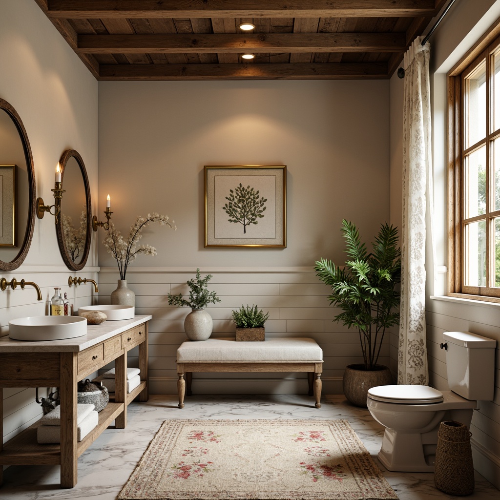 Prompt: Rustic farmhouse powder room, distressed wooden accents, vintage metal fixtures, soft warm lighting, natural stone countertops, antique mirrors, ornate vanities, floral patterns, porcelain sink basins, decorative ceramic tiles, earthy color palette, cozy textiles, plush area rugs, traditional shiplap walls, elegant candelabras, delicate lace curtains, botanical wall art, feminine touches, lavish marble floors, opulent gold hardware, spa-like ambiance, serene atmosphere, warm beige tones, soft focus photography, 1/1 composition, shallow depth of field.