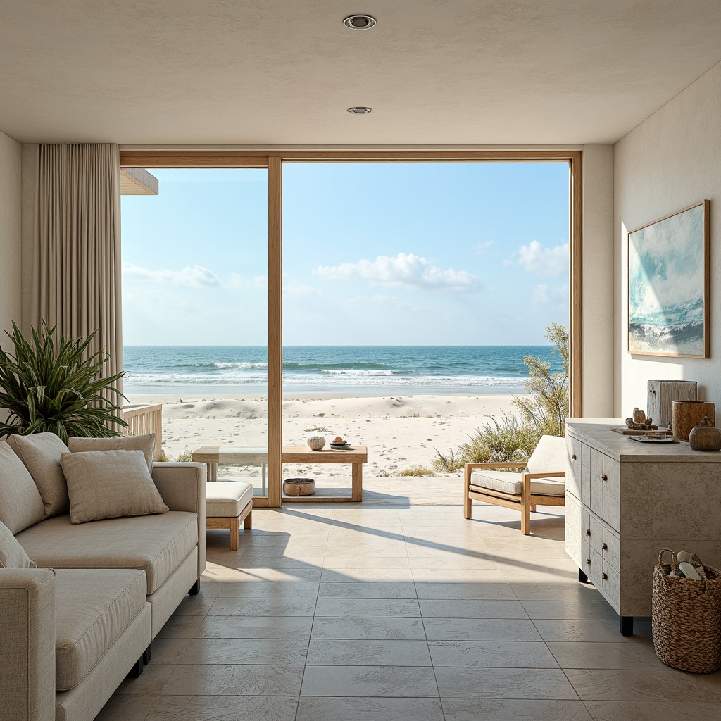 Prompt: Soft sandy dunes, gentle ocean breeze, calming waves, beachy vibe, natural stone textures, driftwood accents, sea glass-inspired tiles, weathered wood planks, nautical rope details, ocean-blue hues, creamy whites, seaside architecture, minimalist design, large windows, sliding glass doors, coastal flora patterns, shell-shaped decor, coral-inspired motifs, subtle shimmer effects, soft warm lighting, shallow depth of field, 3/4 composition, panoramic view, realistic textures, ambient occlusion.