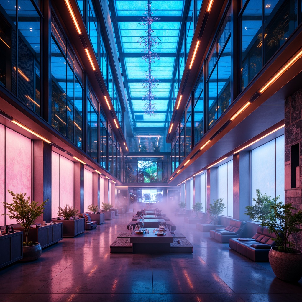 Prompt: Futuristic interior space, neon-lit ambiance, holographic projections, LED strip lighting, glowing accents, fiber-optic chandeliers, iridescent color schemes, high-ceiling atriums, translucent glass walls, sleek metal fixtures, ambient indirect lighting, soft diffused glow, 3-point lighting setup, shallow depth of field, cinematic composition, atmospheric fog effects, minimalist decor, retro-futuristic furniture, metallic surfaces, holographic displays, augmented reality interfaces.