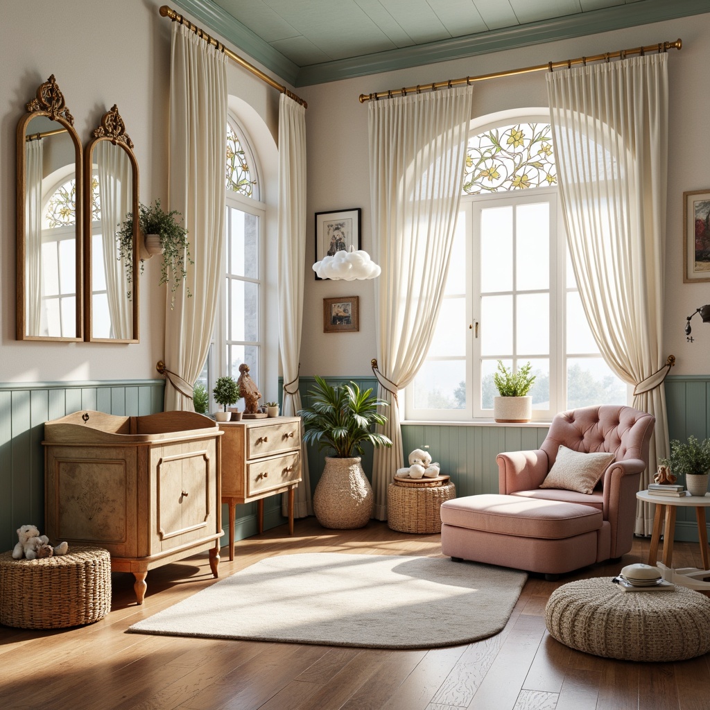 Prompt: Whimsical nursery, soft pastel hues, ornate furniture, flowing organic lines, botanical patterns, curved wooden crib, velvet drapes, intricate metalwork, stained glass windows, dreamy cloud-shaped mobiles, delicate florals, creamy whites, pale blues, mauve accents, golden hardware, plush area rugs, nature-inspired wall art, warm soft lighting, gentle color palette, ornate mirrors, Art Nouveau typography.