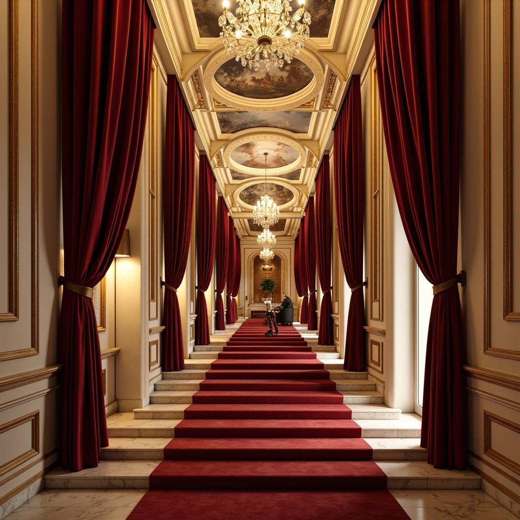 Prompt: Rich velvet curtains, ornate golden frames, soft warm lighting, dramatic spotlights, luxurious red carpets, intricate moldings, grand staircases, marble columns, neoclassical arches, subtle cream walls, elegant white accents, subtle bronze tones, lavish crystal chandeliers, opulent fresco ceilings, 3/4 composition, cinematic framing, high contrast ratios, warm color temperatures, ambient occlusion.