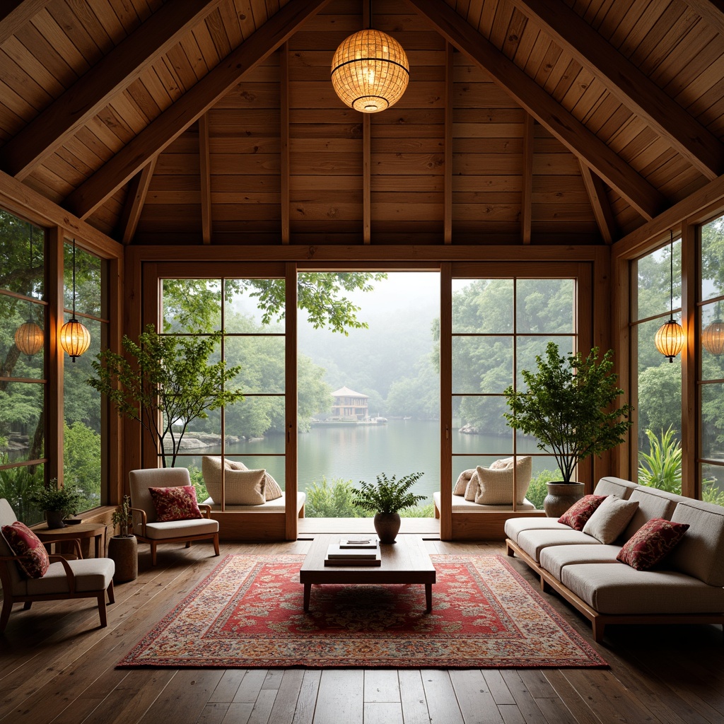 Prompt: Serene boathouse interior, natural wood accents, woven bamboo textiles, vibrant silk fabrics, intricately patterned rugs, plush throw pillows, Asian-inspired lanterns, warm ambient lighting, cozy reading nooks, minimalist wooden furniture, sliding shoji screens, lush greenery views, calm water reflections, soft misty atmosphere, realistic wood grain textures, subtle color palette, 1/2 composition, intimate warm lighting, natural fiber upholstery.