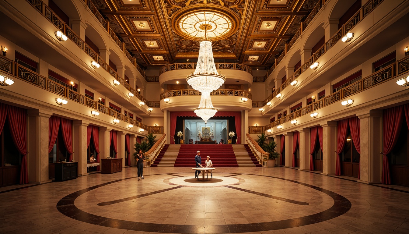 Prompt: Grandiose performing arts center, ornate details, crystal chandeliers, gilded moldings, velvet curtains, majestic staircases, marble floors, high ceilings, symmetrical architecture, classical columns, warm golden lighting, soft box lights, dramatic spotlights, LED stage lights, subtle color changing effects, 1/2 composition, shallow depth of field, elegant textures, realistic reflections.