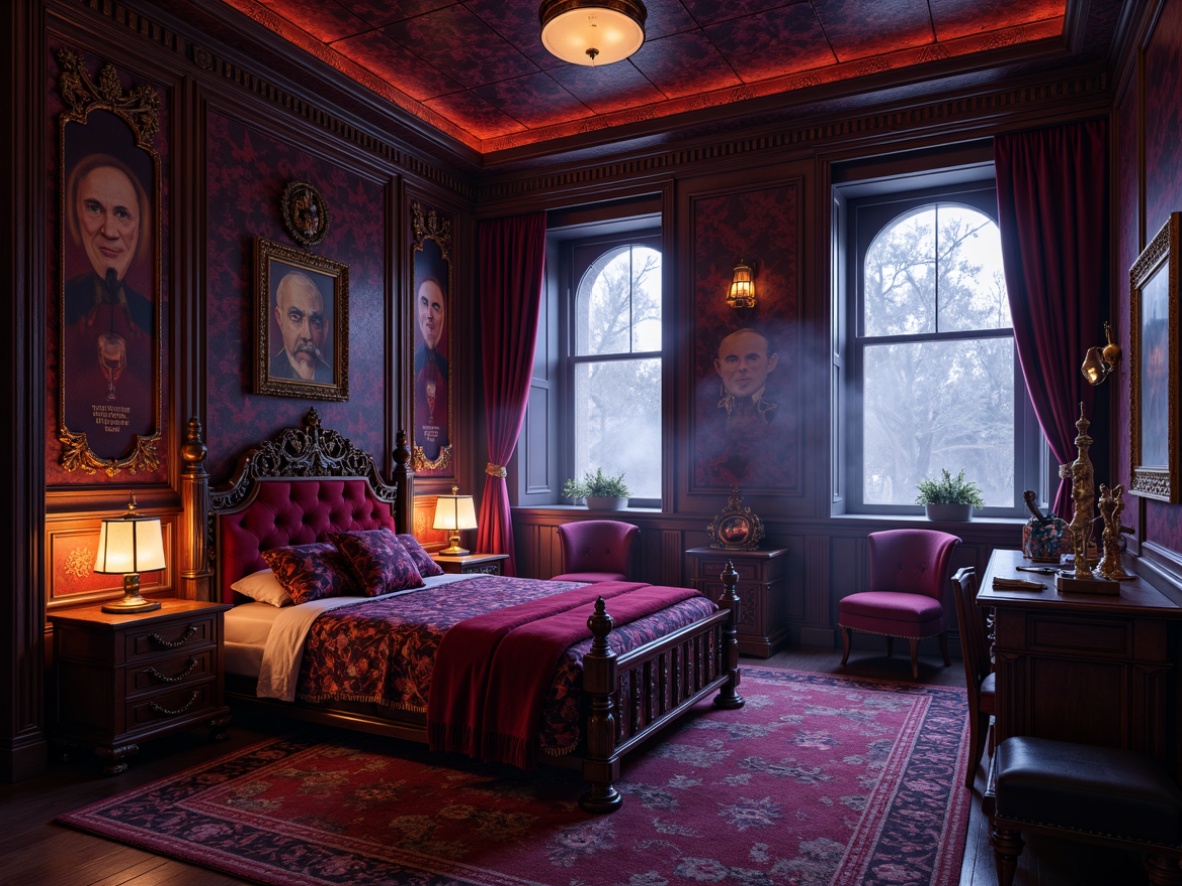 Prompt: Richly ornate kids' room, mysterious Gothic style, dark wood furniture, intricately carved details, bold red and navy blue hues, golden accents, luxurious velvet fabrics, mystical lanterns, eerie foggy atmosphere, warm candlelight, dimly lit, dramatic shadows, medieval-inspired wallpaper, mysterious ancient symbols, whimsical fantastical creatures, ornate metalwork, regal purple tones, spooky yet magical ambiance, romantic soft focus, 1/1 composition, moody lighting, rich textures.