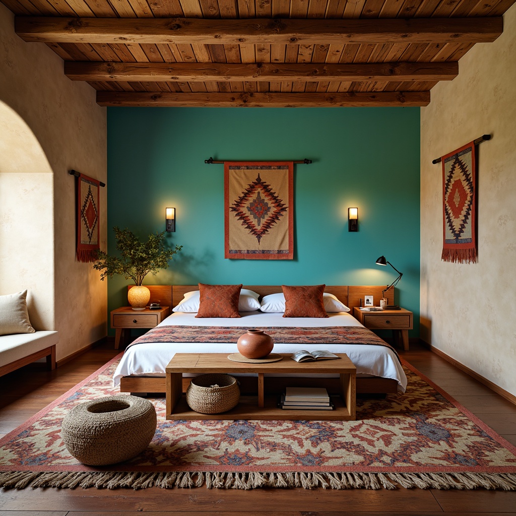 Prompt: Vibrant turquoise accents, warm beige walls, rustic wooden furniture, plush Native American-inspired patterned rugs, woven baskets, natural fiber textiles, earthy terracotta pottery, geometric-patterned blankets, colorful serape throw pillows, soft suede upholstery, Southwestern-style tapestries, distressed wood headboards, cozy reading nooks, warm candlelight, shallow depth of field, 3/4 composition, realistic textures, ambient occlusion.