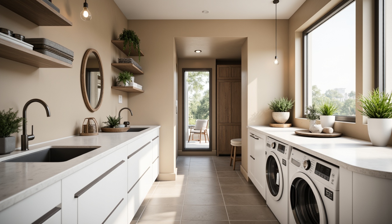 Prompt: \Modern laundry room, sleek countertops, durable quartz surfaces, stain-resistant finishes, built-in sinks, stainless steel appliances, crisp white cabinets, soft-close drawers, pendant lighting, warm beige walls, polished chrome fixtures, functional shelving units, rectangular floor tiles, subtle texture contrast, shallow depth of field, 1/1 composition, realistic renderings.\Please let me know if this meets your requirements!