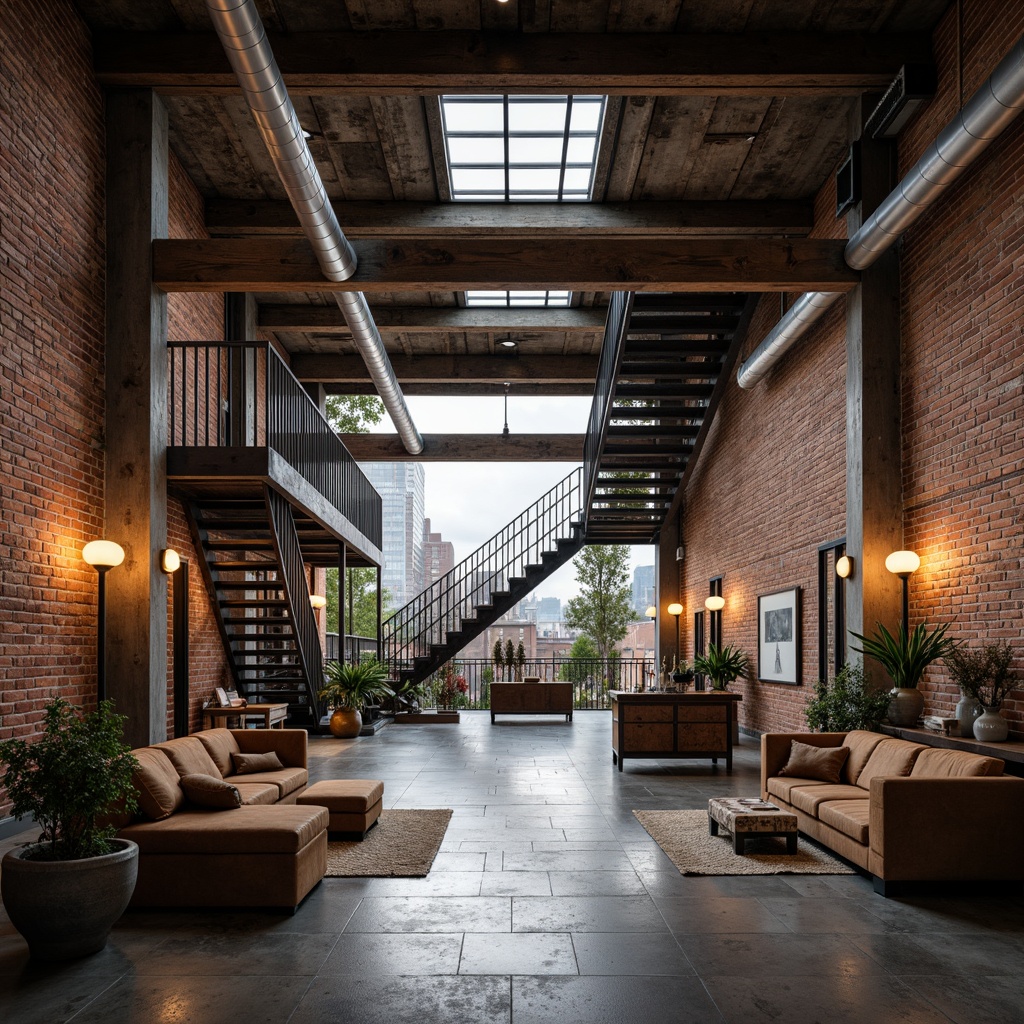 Prompt: Rustic industrial setting, exposed steel beams, weathered brick walls, polished concrete floors, metallic staircases, distressed wooden accents, vintage factory equipment, Edison bulb lighting, urban cityscape views, cloudy grey sky, dramatic high ceilings, open-plan layout, modern minimalist furniture, reclaimed wood decor, industrial-style metal doors, functional piping systems, natural earthy tones, warm cozy atmosphere, soft box lighting, 1/2 composition, gritty textures, subtle camera movements.