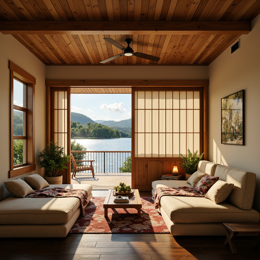 Prompt: Soothing boathouse interior, natural wood accents, warm beige walls, calming water-inspired colors, tranquil Asian-style decor, elegant shoji screens, sliding rice paper doors, minimalist furniture, soft cushioning, plush throw blankets, vibrant greenery, serene aquatic views, subtle golden lighting, warm candlelight ambiance, shallow depth of field, 1/1 composition, realistic wood textures, ambient occlusion.