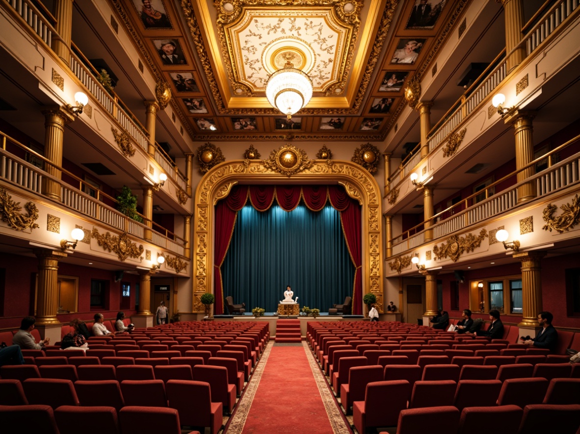 Prompt: Ornate theater, grandiose columns, intricate moldings, luxurious velvet curtains, ornamental golden chandeliers, richly patterned carpets, neoclassical architecture, opulent furnishings, gilded frames, marble statues, lavish decorations, warm soft lighting, shallow depth of field, 1/2 composition, dramatic spotlights, realistic textures, ambient occlusion, grand staircases, red carpet, ornate balconies, Baroque-inspired details, richly textured fabrics, intricate carvings.