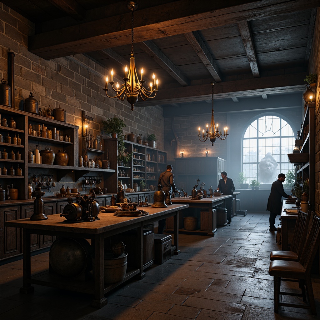 Prompt: Dark wooden workbenches, rustic metal tools, vintage machinery, distressed stone walls, grandiose chandeliers, mysterious ambiance, intricate carvings, ornate wooden cabinets, worn leather armchairs, industrial metal shelving, medieval-inspired decor, warm candlelight, dramatic shadows, 1/1 composition, high contrast lighting, atmospheric fog, rich textures, realistic materials.