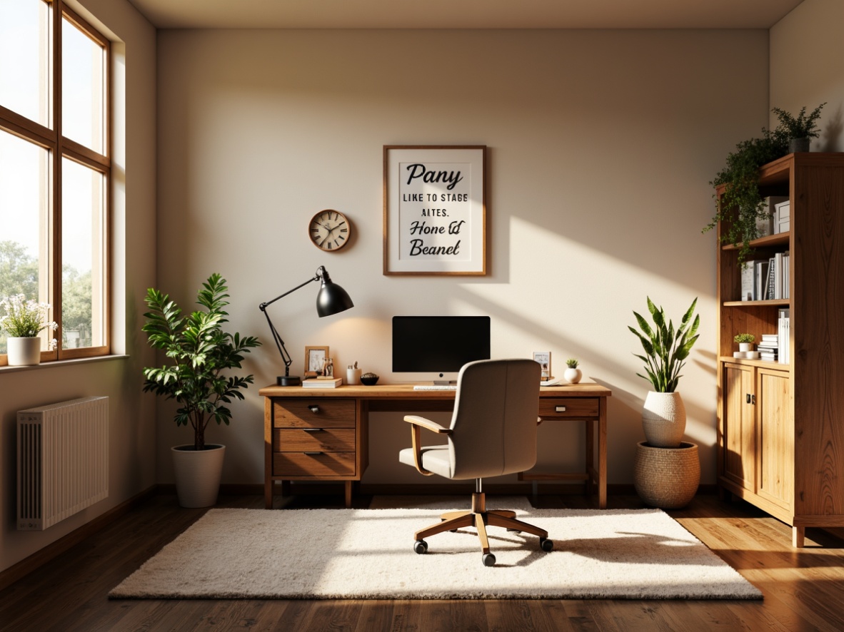 Prompt: Cozy home office, warm beige walls, rich wood furniture, comfortable ergonomic chair, softbox lights, task lamps, floor-to-ceiling windows, natural daylight, subtle shadows, calming ambiance, peaceful atmosphere, minimal decorations, organized workspace, inspirational quotes, framed artwork, plush area rug, soothing color palette, warm white lighting, 1/1 composition, intimate close-up shots, realistic textures, ambient occlusion.