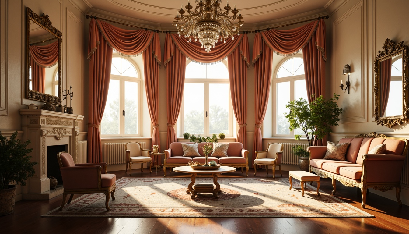 Prompt: Ornate furniture, curved silhouettes, gilded accents, luxurious fabrics, velvet upholstery, intricately carved wooden legs, cabriole chairs, ornamental mirrors, crystal chandeliers, pastel color palette, soft golden lighting, 1/2 composition, shallow depth of field, warm atmospheric perspective, detailed textures, realistic reflections.