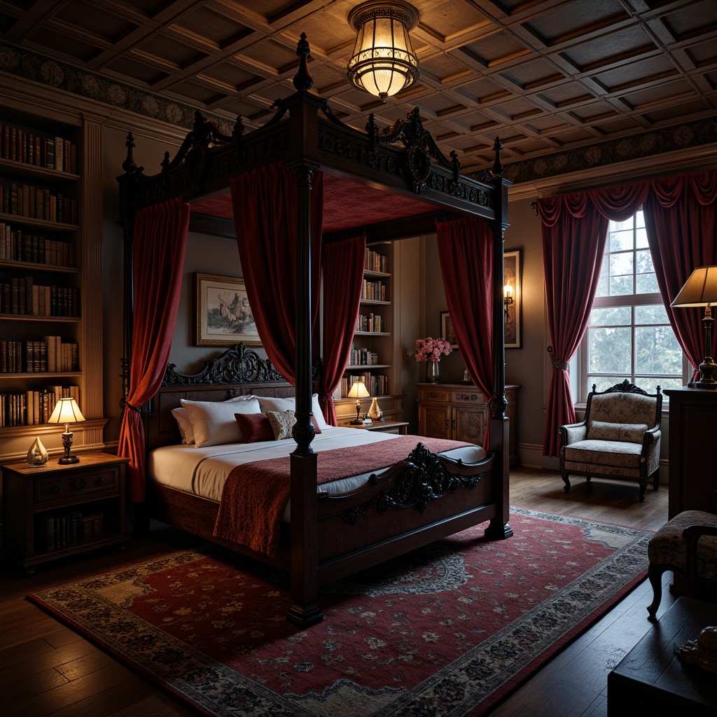 Prompt: Dark academia kids' room, mysterious gothic style, rich wooden furniture, ornate carvings, grandiose four-poster bed, velvet drapes, luxurious plush carpet, mystical bookshelves, secret compartments, eerie candlelight, dim warm lighting, 1/1 composition, shallow depth of field, realistic textures, ambient occlusion.