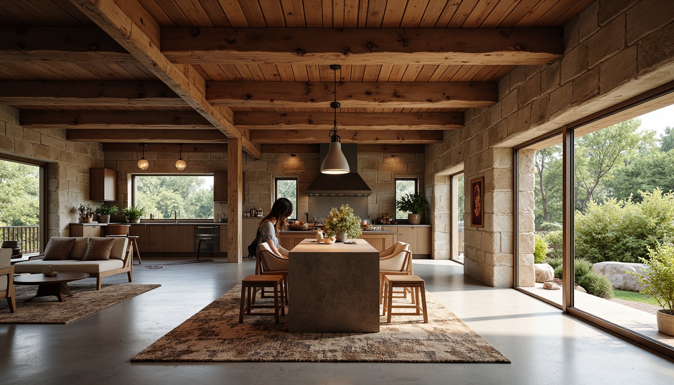 Prompt: Rustic farmhouse, open floor plan, wooden beams, natural stone walls, earthy tones, cozy living areas, modern kitchen appliances, large center island, pendant lighting, sliding glass doors, country views, lush greenery, vintage decor accents, exposed ductwork, polished concrete floors, plush area rugs, warm ambient lighting, 1/1 composition, shallow depth of field, realistic textures.