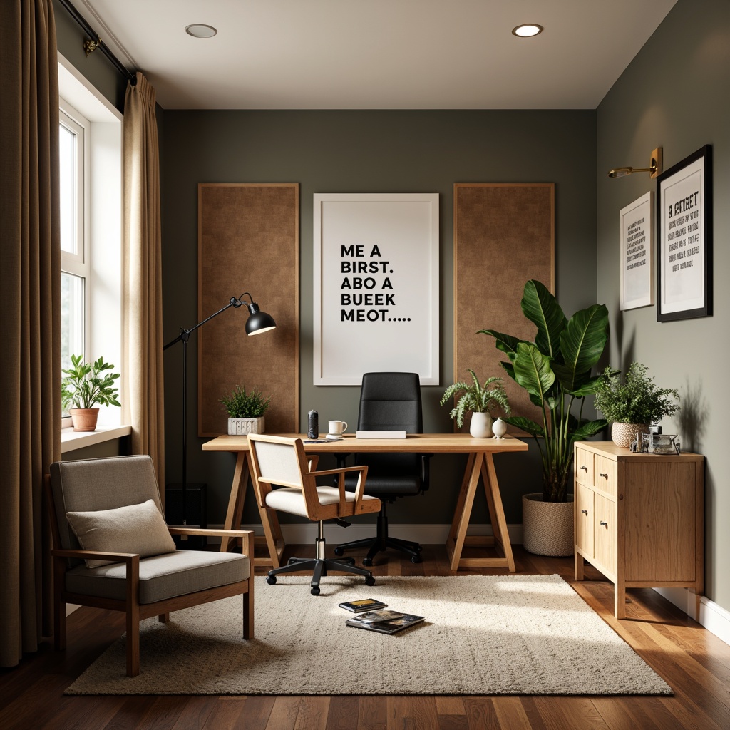 Prompt: Cozy home office, sound-absorbing panels, wooden desk, ergonomic chair, good lighting, minimal decor, calming colors, quiet atmosphere, noise-reducing curtains, acoustic foam, microphone stand, recording equipment, inspirational quotes, green plants, natural textiles, earthy tones, soft carpet, comfortable seating area, warm ambiance, softbox lighting, 1/2 composition, shallow depth of field, realistic textures.