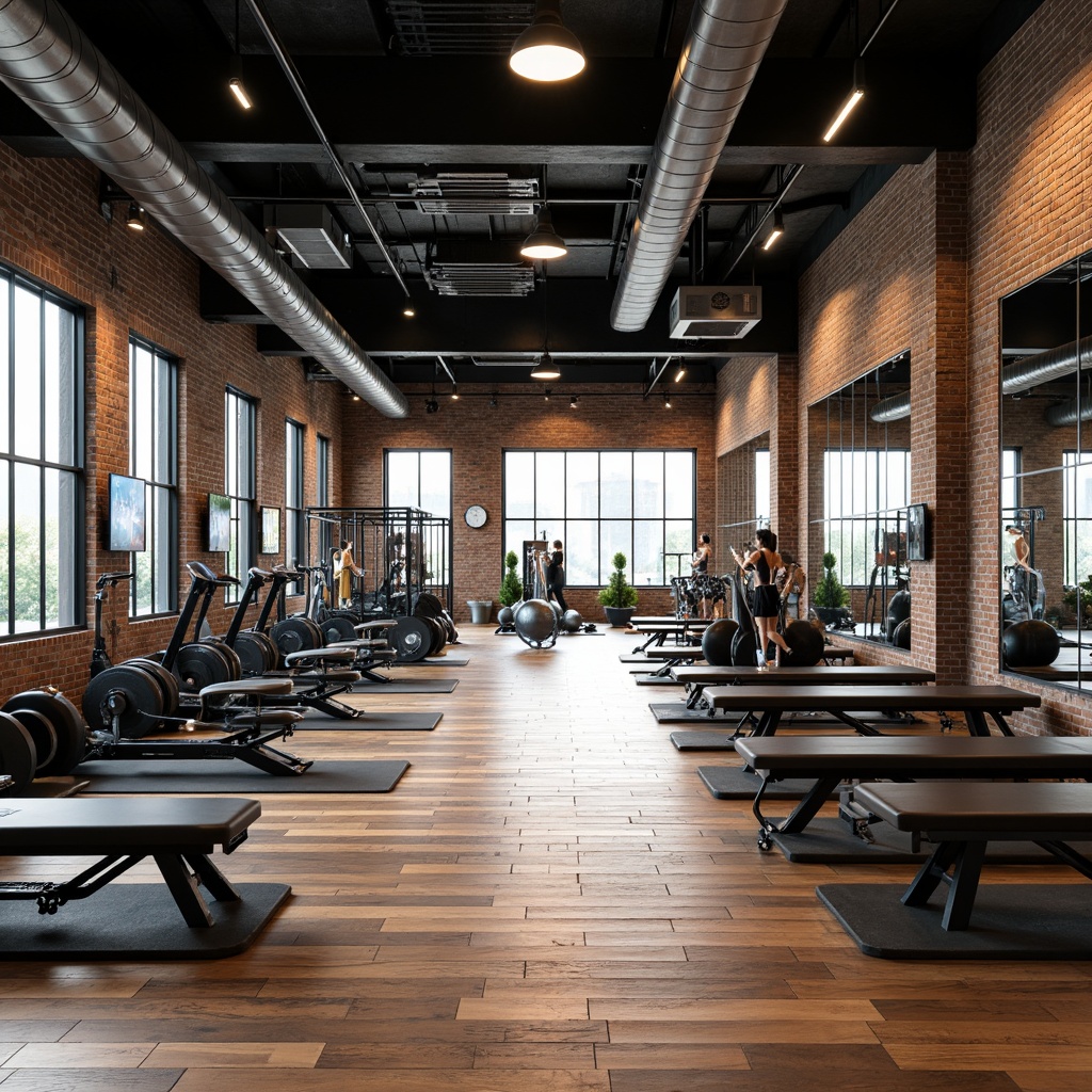 Prompt: Modern fitness studio, industrial-chic aesthetic, reclaimed wood flooring, exposed brick walls, sleek metal beams, floor-to-ceiling windows, natural light, mirrored walls, state-of-the-art cardio machines, high-tech strength training equipment, free weights, kettlebells, medicine balls, resistance bands, yoga mats, Pilates reformers, ergonomic benches, adjustable dumbbells, LED-lit workout stations, virtual fitness screens, immersive sound systems, futuristic ambiance, urban loft vibe, 3/4 composition, shallow depth of field, warm soft lighting.