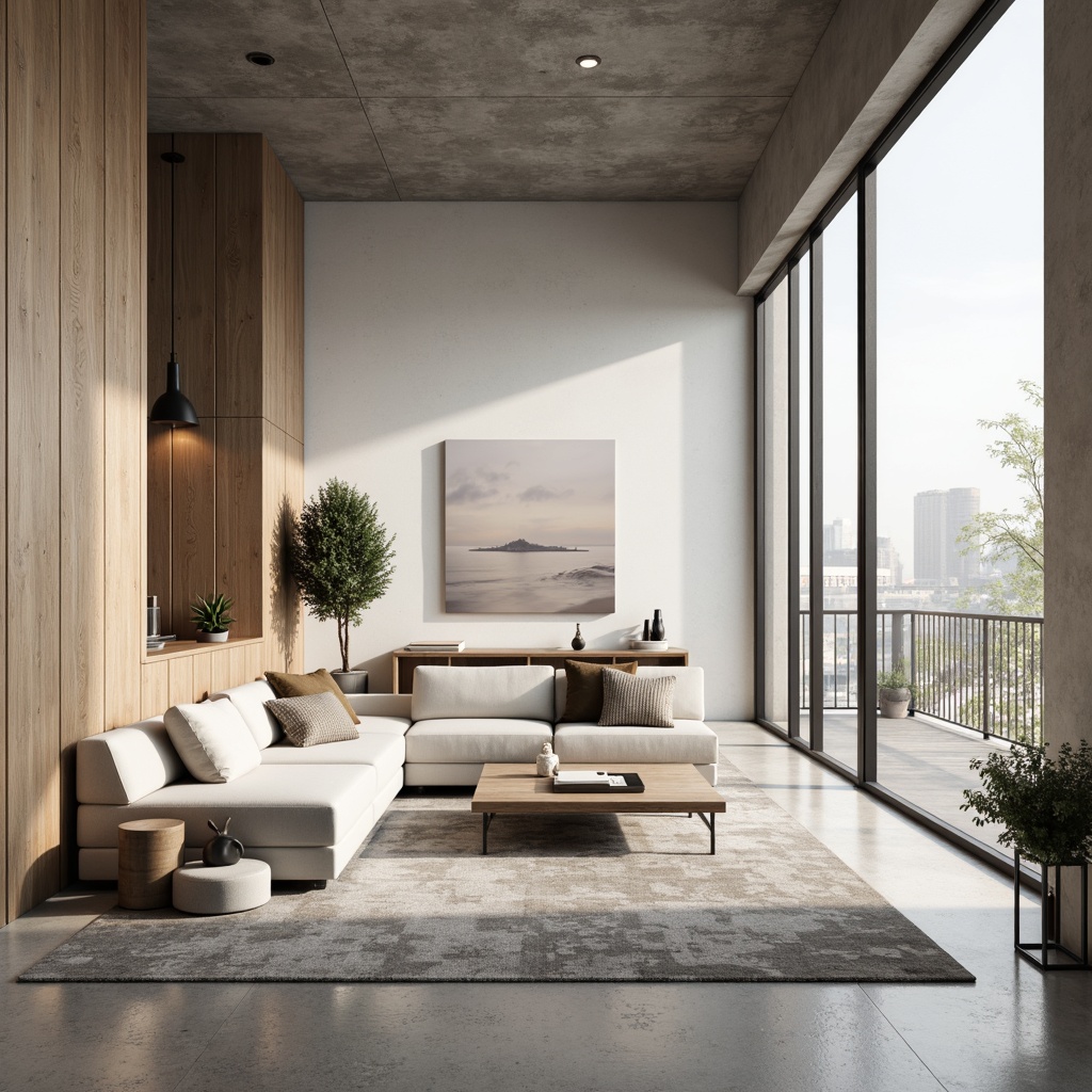 Prompt: Monochromatic modern interior, sleek lines, minimalist decor, neutral tones, creamy whites, soft grays, taupe accents, rich wood textures, industrial metal frames, floor-to-ceiling windows, natural light, ambient shadows, subtle color gradations, harmonious contrasts, 1/1 composition, realistic renderings, atmospheric lighting, shallow depth of field.