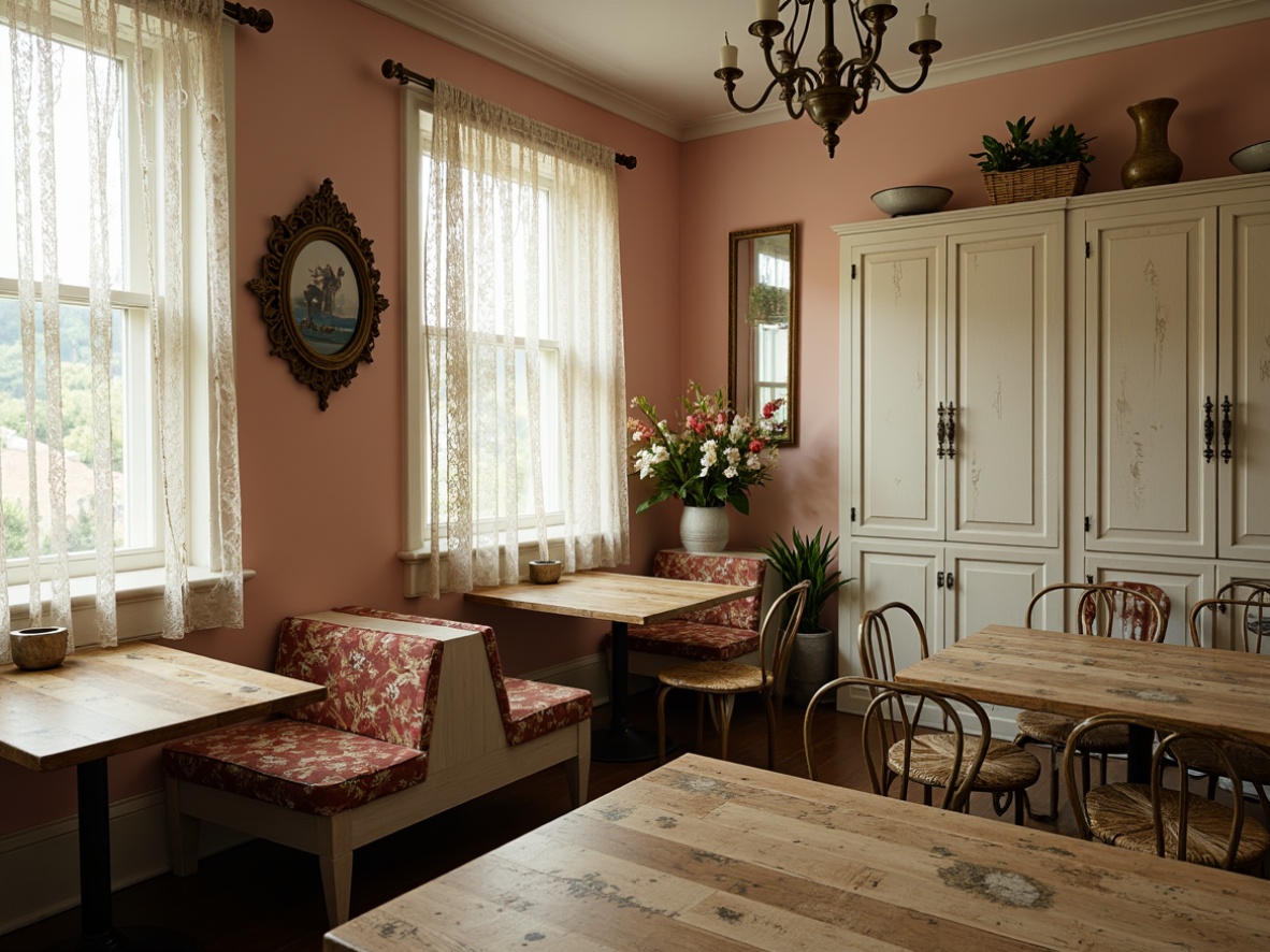 Prompt: Vintage distressed wood tables, soft pastel colors, lace curtains, floral patterns, rustic metal chairs, worn velvet upholstery, antique wooden benches, creamy white cabinets, ornate gold hardware, natural woven fibers, soft warm lighting, 3/4 composition, intimate cozy atmosphere, realistic textures, ambient occlusion.