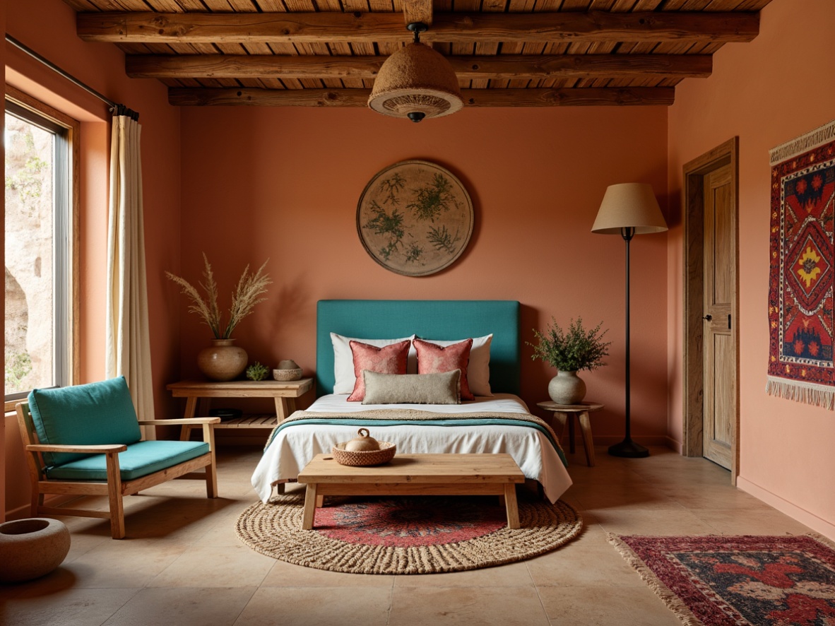 Prompt: Earthy Southwestern bedroom, warm terracotta walls, rustic wooden furniture, turquoise accents, sandy beige floors, woven textiles, vibrant Native American patterns, colorful pottery, natural linen drapes, soft warm lighting, shallow depth of field, 3/4 composition, panoramic view, realistic textures, ambient occlusion.