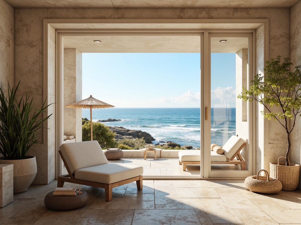 Prompt: Coastal-themed interior, calming ocean views, soft sandy textures, driftwood accents, sea-salt color palette, wave-inspired patterns, irregular tile shapes, hand-painted ceramics, distressed wood flooring, natural stone walls, beachy vibe, warm sunny lighting, shallow depth of field, 1/2 composition, realistic reflections, ambient occlusion.