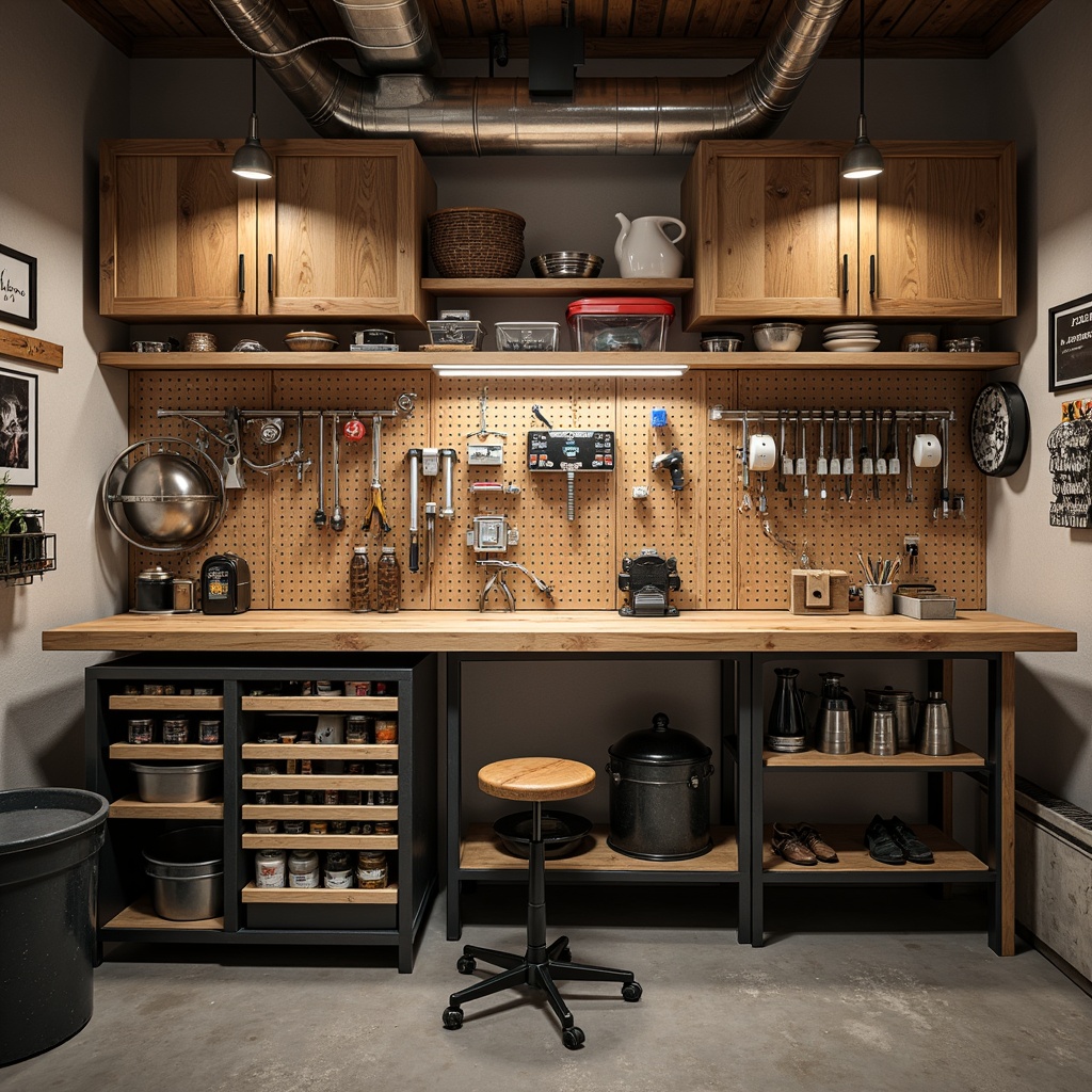 Prompt: Well-organized workbench, wooden top, metal legs, built-in drawers, storage cabinets, vice clamps, tool holders, LED task lighting, ergonomic stool, natural wood tone, industrial-style decor, concrete floor, exposed ductwork, modern garage interior, ample workspace, rustic accents, overhead cabinetry, pegboard organization, functional layout, warm ambient lighting, shallow depth of field, 1/1 composition, realistic textures.