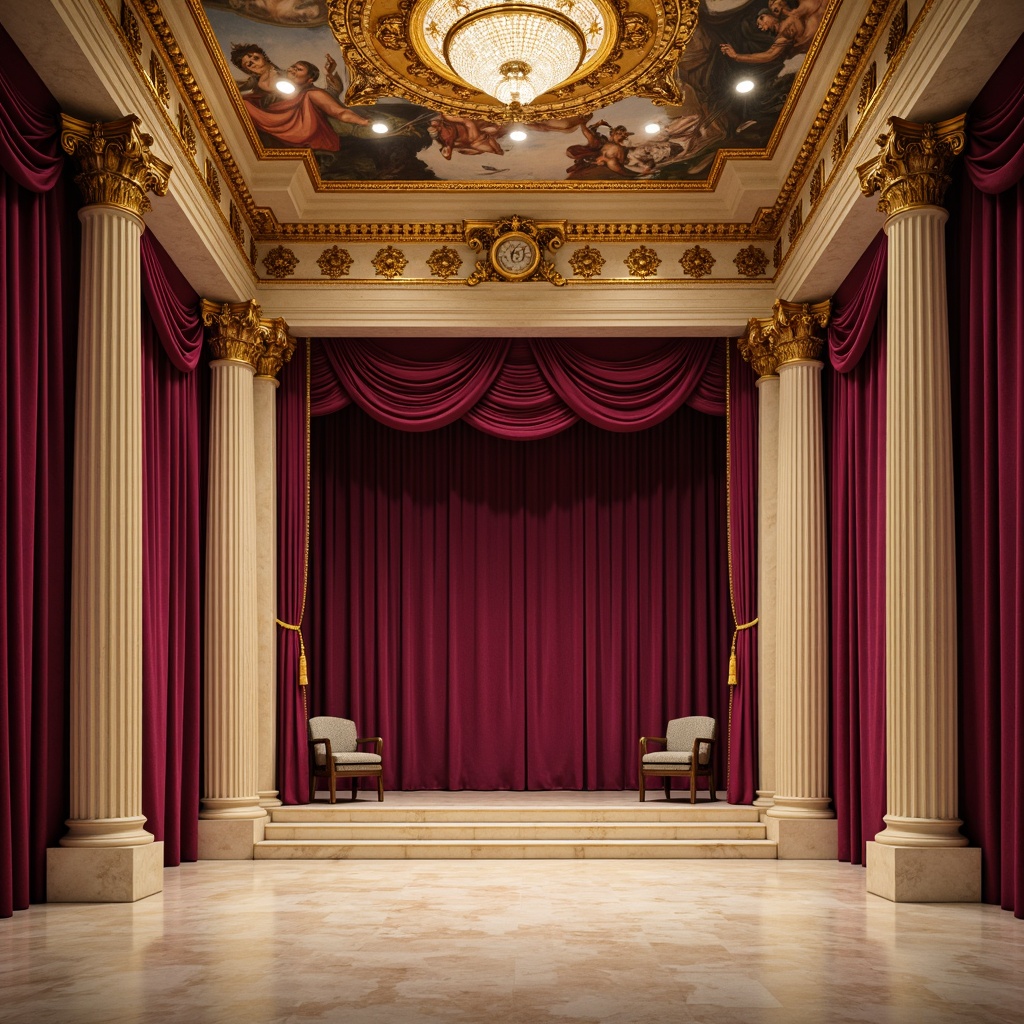 Prompt: Theater Neoclassicism stage design, grandiose columns, ornate golden details, rich velvety red curtains, cream-colored marble floors, intricate fresco ceilings, crystal chandeliers, lavish drapery, regal purple accents, soft warm lighting, dramatic shadows, 1/1 composition, symmetrical framing, realistic textures, ambient occlusion.