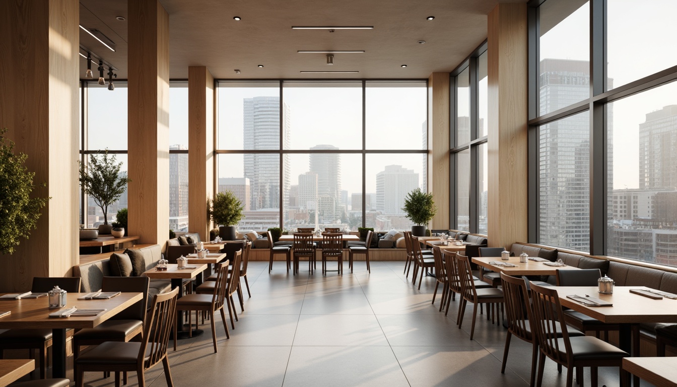 Prompt: Modern dining hall, minimalist decor, monochromatic color scheme, sleek wooden tables, elegant metal chairs, floor-to-ceiling windows, natural light, urban cityscape views, neutral beige tones, rich walnut accents, metallic silver highlights, soft warm lighting, shallow depth of field, 1/1 composition, realistic textures, ambient occlusion.