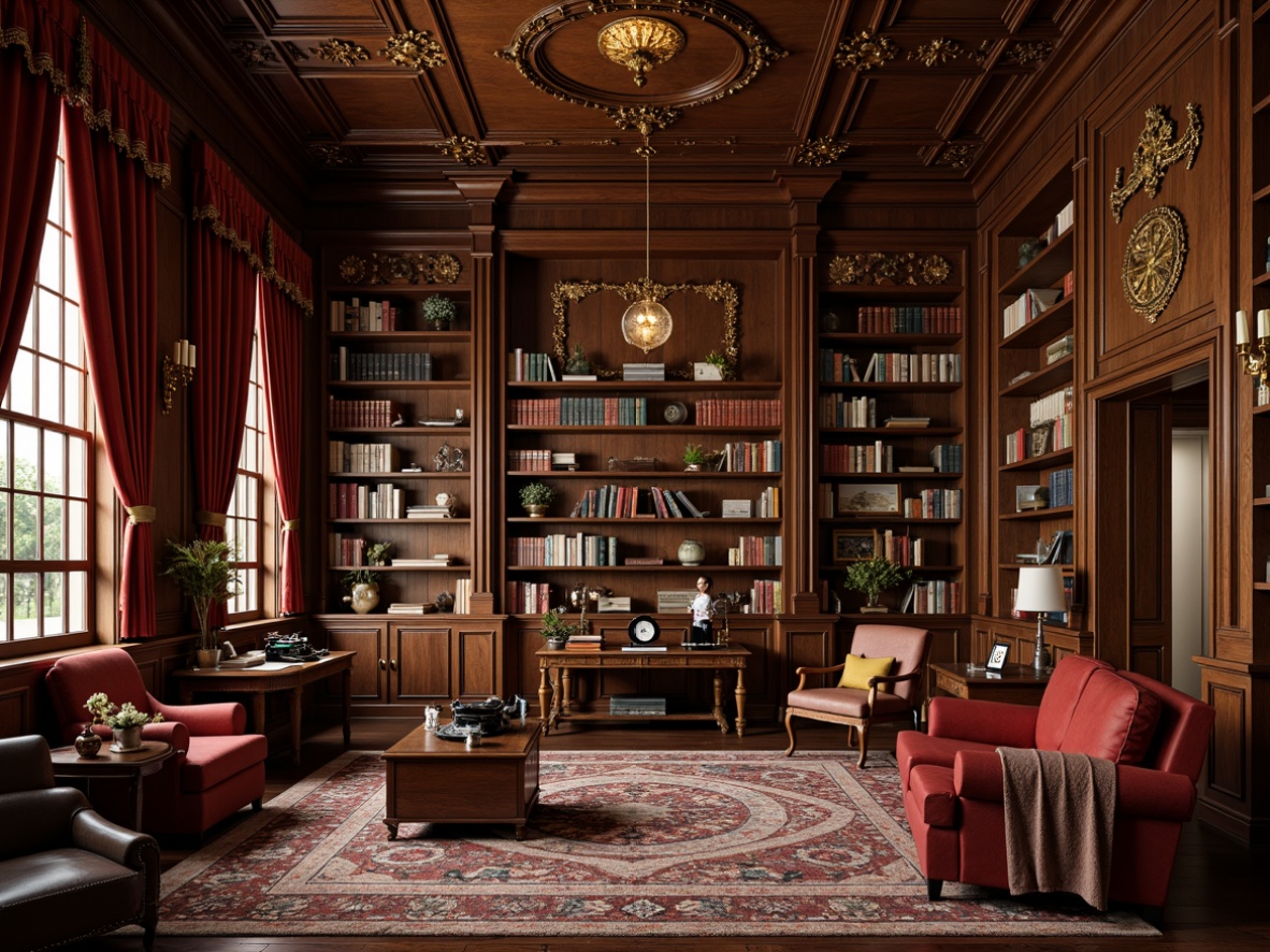 Prompt: \Opulent bookshelves, intricately carved wooden paneling, rich velvet drapes, ornate gold lighting fixtures, plush armchairs, polished mahogany tables, leather-bound tomes, vintage typewriters, antique clockwork mechanisms, luxurious rug patterns, warm candlelight, soft focus, shallow depth of field, 1/1 composition, intimate atmosphere, classic literature-inspired decorative motifs.\