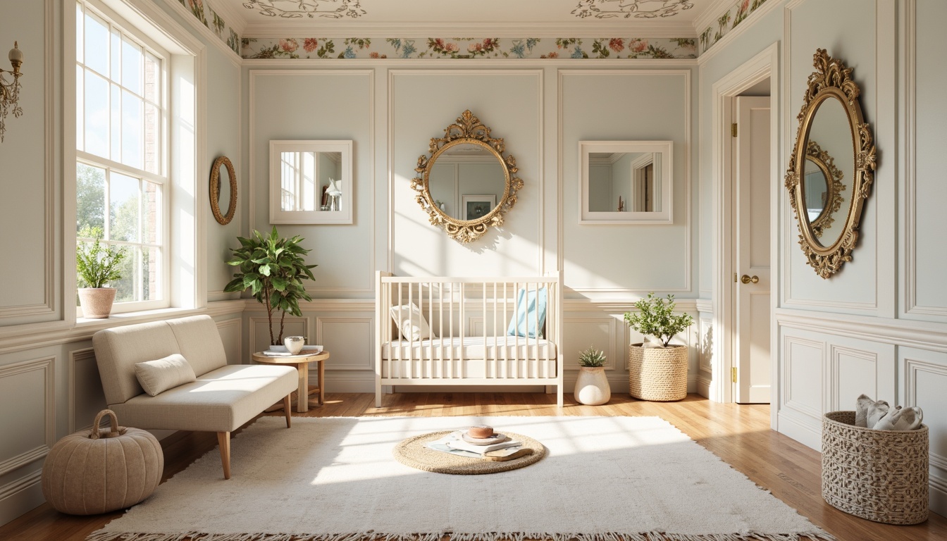 Prompt: Whimsical nursery, soft pastel colors, ornate mirrors, curved lines, flowing organic shapes, botanical motifs, vintage-inspired wallpaper, distressed finishes, creamy whites, warm beige, pale blues, golden accents, delicate florals, lace textures, velvet fabrics, intricate moldings, Art Nouveau patterns, sinuous curves, dreamy atmosphere, softbox lighting, shallow depth of field, 1/1 composition, romantic ambiance.