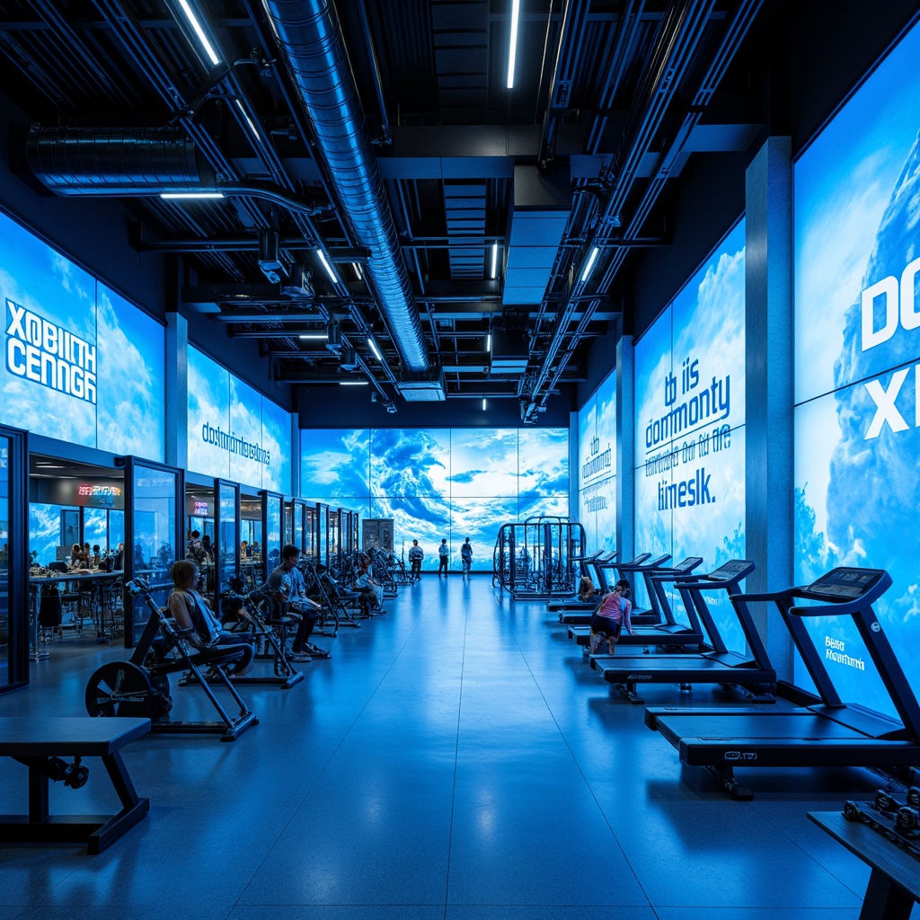 Prompt: Vibrant fitness club interior, light blue accent walls, energetic atmosphere, state-of-the-art equipment, polished metal machinery, sleek glass partitions, modern LED lighting, motivational quotes, athletic flooring, dynamic shadows, high-contrast colors, bold typography, futuristic architecture, abstract geometric patterns, invigorating ambiance, refreshing color palette, calming background tones, uplifting mood, panoramic views, shallow depth of field, 1/1 composition.