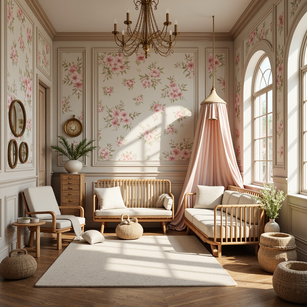 Prompt: Whimsical nursery, soft pastel hues, floral patterns, ornate wallpaper, distressed finishes, antique furnishings, curved lines, organic shapes, natural textiles, woven baskets, macram\u00e9 accents, warm golden lighting, shallow depth of field, 1/1 composition, realistic textures, ambient occlusion.