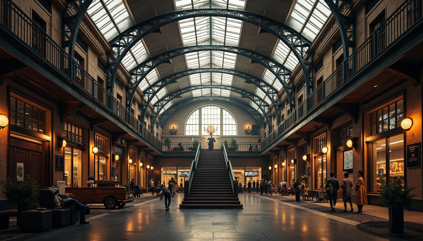 Prompt: Grandiose train station, ornate clock towers, majestic steel arches, intricate ironwork, vintage luggage carts, rustic wooden benches, Art Nouveau-inspired facades, grand staircases, expansive glass ceilings, warm industrial lighting, dramatic shadows, 1/2 composition, shallow depth of field, cinematic atmosphere, nostalgic textures, ambient occlusion.