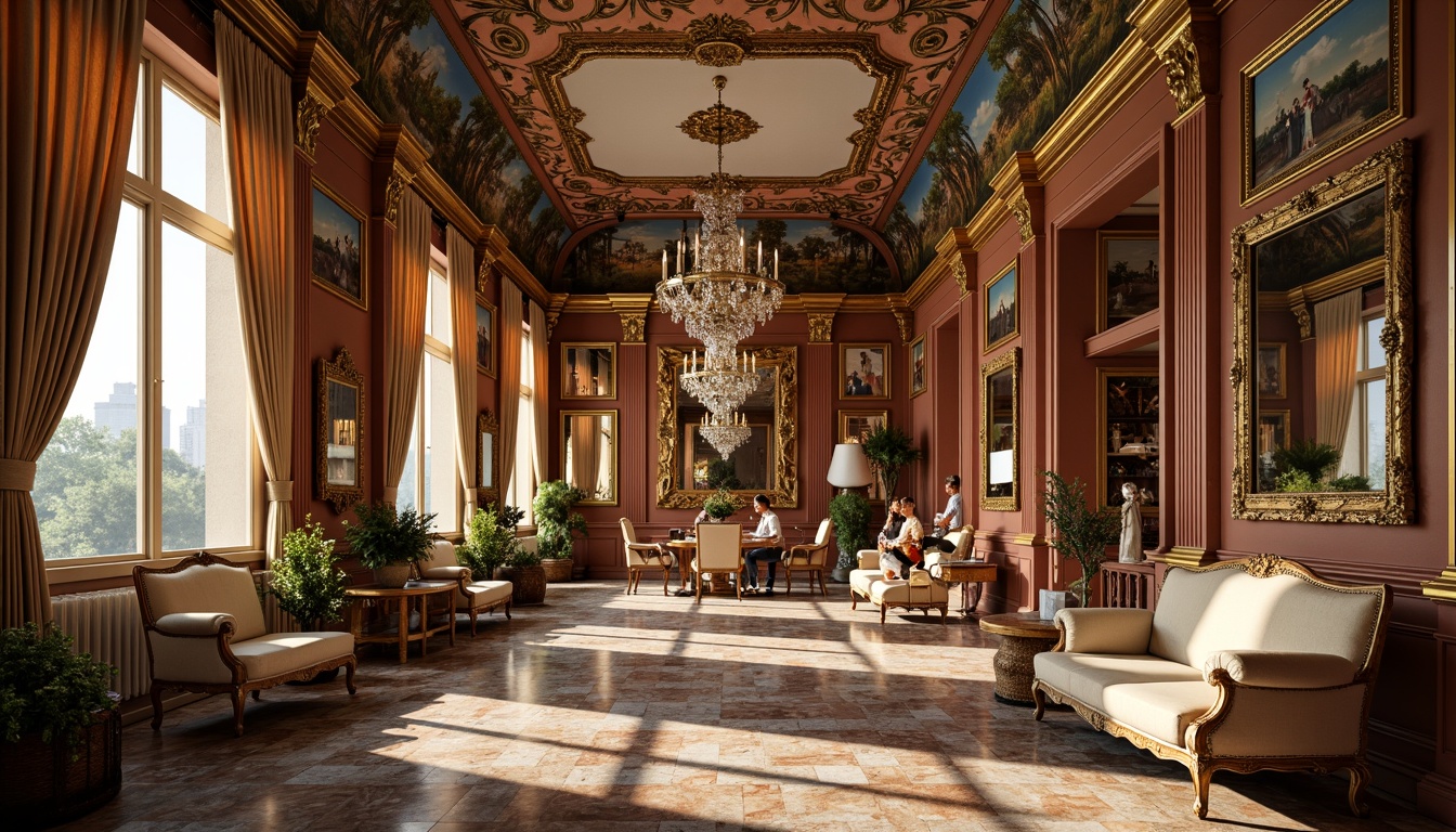 Prompt: Opulent Rococo-style palace, intricately carved wooden furniture, lavish gold accents, ornate mirrors, crystal chandeliers, velvet drapes, marble floors, intricate fresco ceilings, soft warm lighting, shallow depth of field, 3/4 composition, panoramic view, realistic textures, ambient occlusion, luxurious fabrics, rich colors, French-inspired motifs, curved lines, asymmetrical layouts, grand staircases, ornate railings.