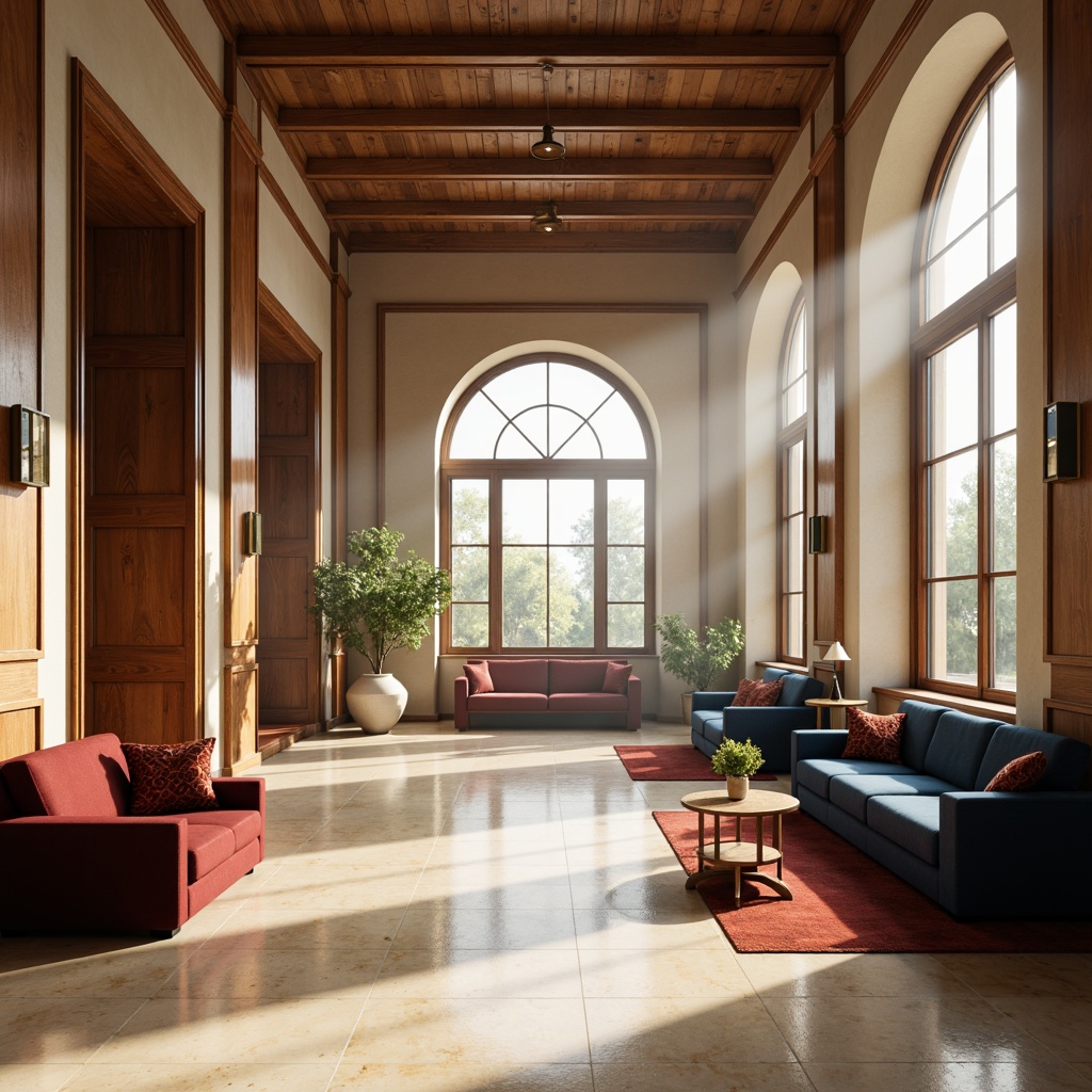 Prompt: Elegant student hall, rich wood accents, warm beige walls, creamy marble floors, sophisticated navy blue furniture, bold red accents, vintage bronze fixtures, softbox lighting, subtle gradient effects, atmospheric misty morning, shallow depth of field, 1/2 composition, realistic textures, ambient occlusion.