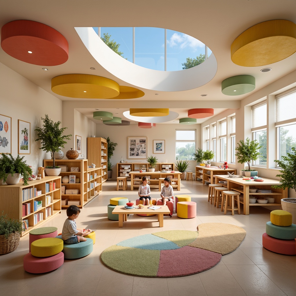 Prompt: Vibrant kindergarten classroom, playful learning environment, whimsical furniture design, soft pastel colors, rounded edges, sturdy wooden structures, colorful fabric upholstery, ergonomic seating, interactive play tables, educational toys, sensory stimulation tools, cozy reading nooks, natural wood accents, abundant storage space, circular shapes, gentle curves, warm ambient lighting, shallow depth of field, 3/4 composition, panoramic view, realistic textures, ambient occlusion.