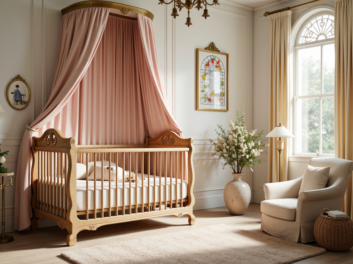 Prompt: Whimsical baby room, soft pastel colors, ornate wooden crib, curved lines, flowing organic shapes, botanical patterns, stained glass windows, velvet drapes, intricately carved furniture, gilded accents, delicate florals, plush area rug, creamy white walls, warm golden lighting, shallow depth of field, 1/1 composition, romantic atmosphere, luxurious fabrics, ornate metalwork.