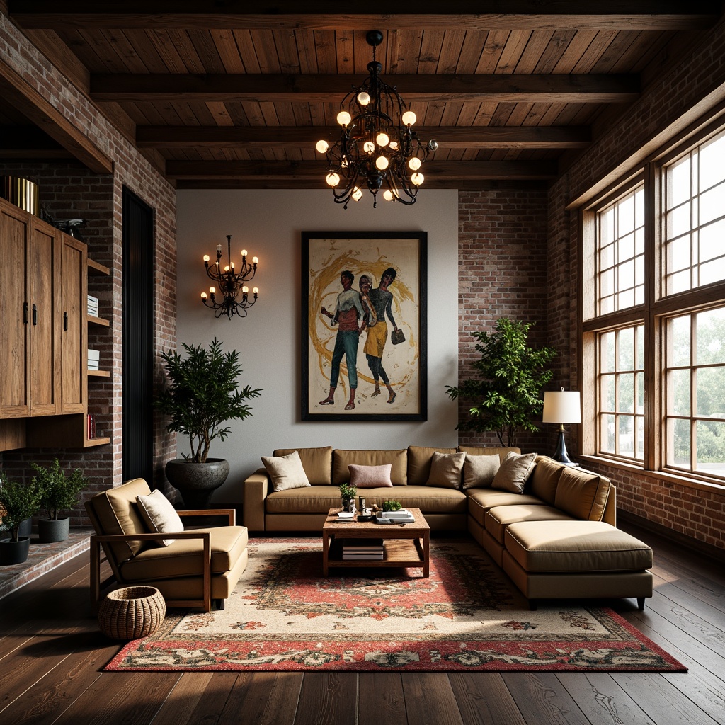 Prompt: Eclectic living room, industrial-chic decor, reclaimed wood accents, metal beams, exposed brick walls, vintage furniture pieces, statement lighting fixtures, pendant lamps, Edison bulbs, ornate chandeliers, abstract art pieces, colorful rugs, distressed finishes, warm ambient glow, dramatic shadows, high contrast ratio, 1/2 composition, atmospheric perspective, realistic reflections.