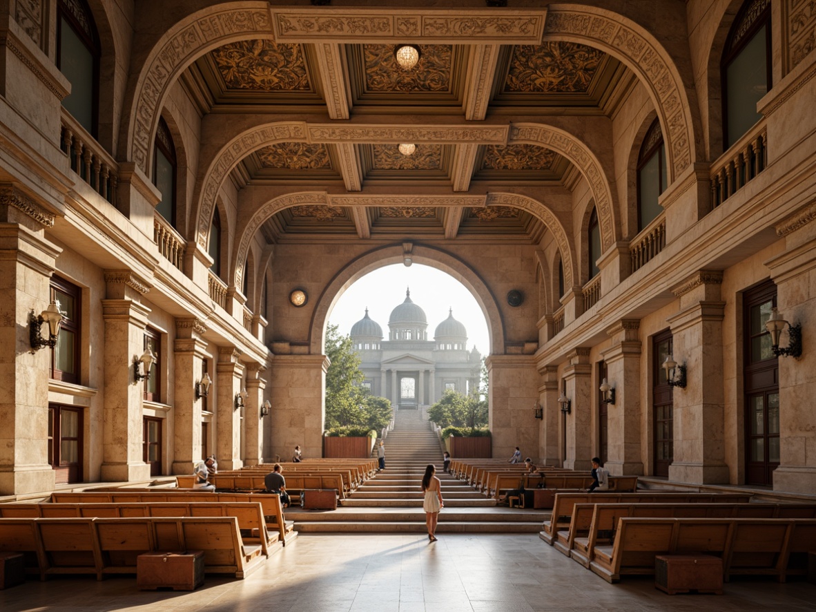 Prompt: Elegant amphitheater, classic Greek columns, ornate stone carvings, vaulted ceilings, resonant acoustic spaces, premium sound systems, refined wooden seats, polished marble floors, subtle natural light, warm afternoon ambiance, soft focus photography, 1/2 composition, symmetrical architecture, rich cultural heritage, historic preservation, harmonious color palette, nuanced texture details.