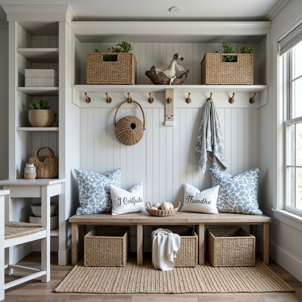 Prompt: Coastal-style mudroom, driftwood accents, woven sea grass baskets, nautical rope details, soft blue-grey hues, rustic wooden benches, natural fiber rugs, woven jute mats, woven wicker storage units, shell-adorned decorative boxes, coral-inspired patterned textiles, distressed wood shelving, ocean-breeze lighting, 1/2 composition, shallow depth of field, realistic textures, ambient occlusion.