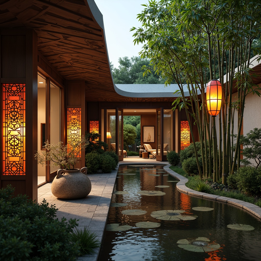 Prompt: Vibrant traditional lanterns, intricately carved wooden panels, ornate ceramic vases, lush green bamboo plants, serene koi ponds, tranquil Japanese gardens, modern Asian-inspired architecture, curved lines, natural stone walls, earthy tones, warm ambient lighting, shallow depth of field, 3/4 composition, panoramic view, realistic textures, ambient occlusion.