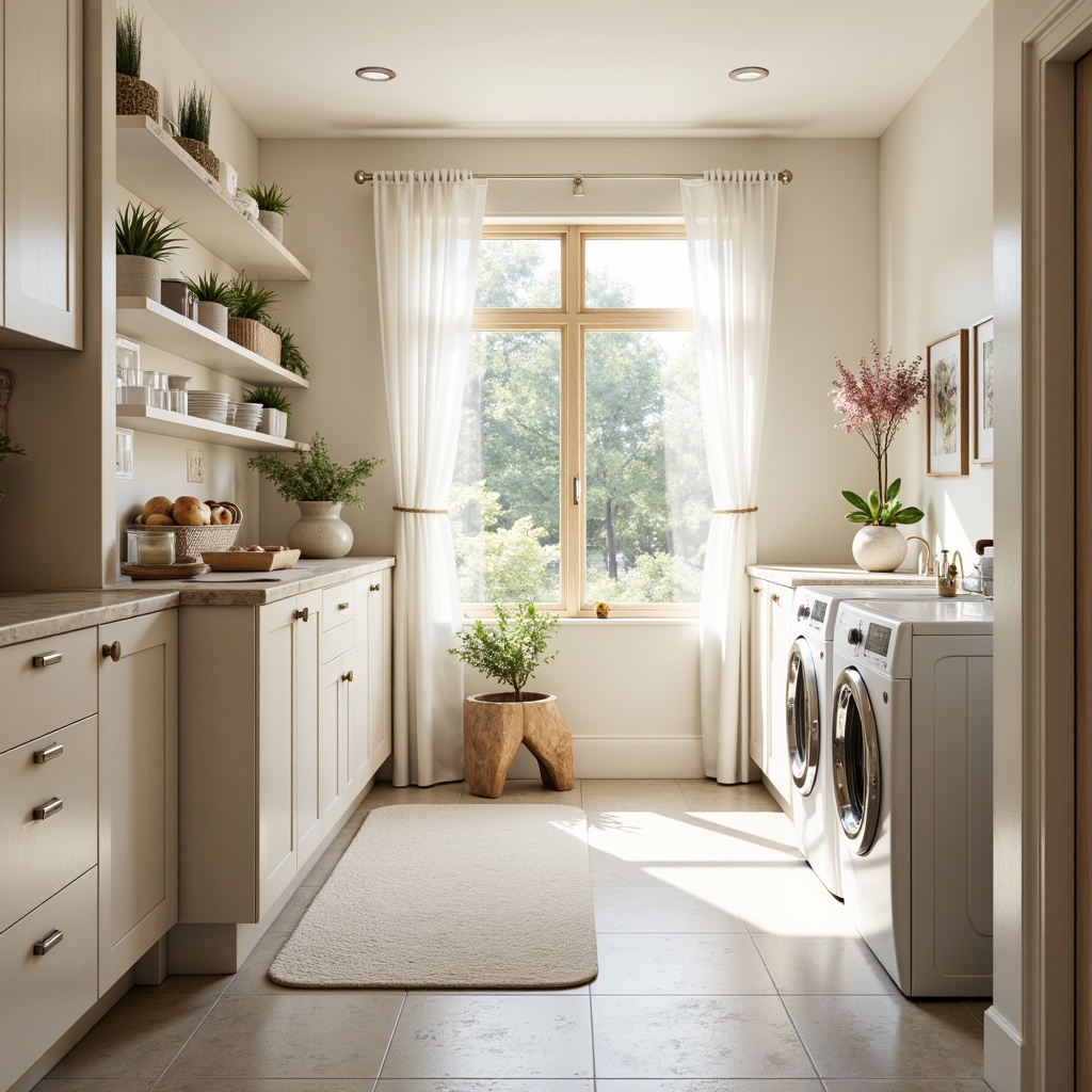 Prompt: Bright laundry room, calming pastel hues, soft whites, creamy tones, warm beige accents, stainless steel appliances, modern minimalist cabinets, sleek countertops, natural stone flooring, ample task lighting, subtle texture contrasts, cozy atmosphere, serene ambiance, shallow depth of field, 1/1 composition, softbox lighting, realistic reflections.